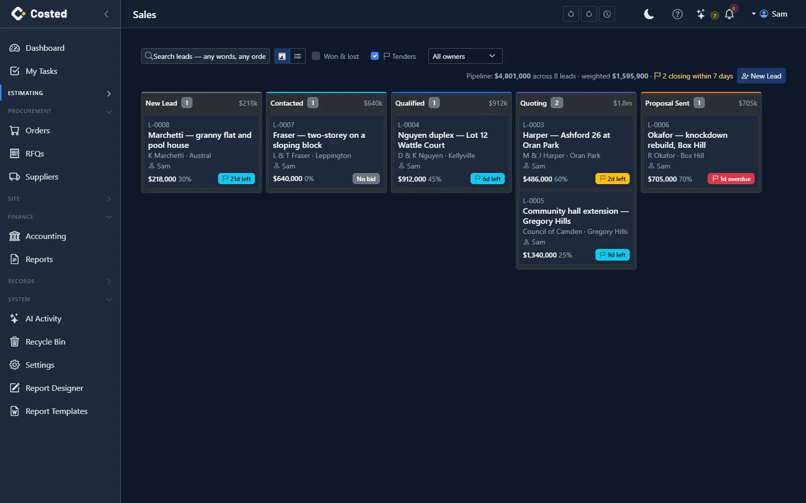 The costed.app sales board filtered to tenders: lead cards with closing-date countdown badges, probability, weighted value and a no-bid marker